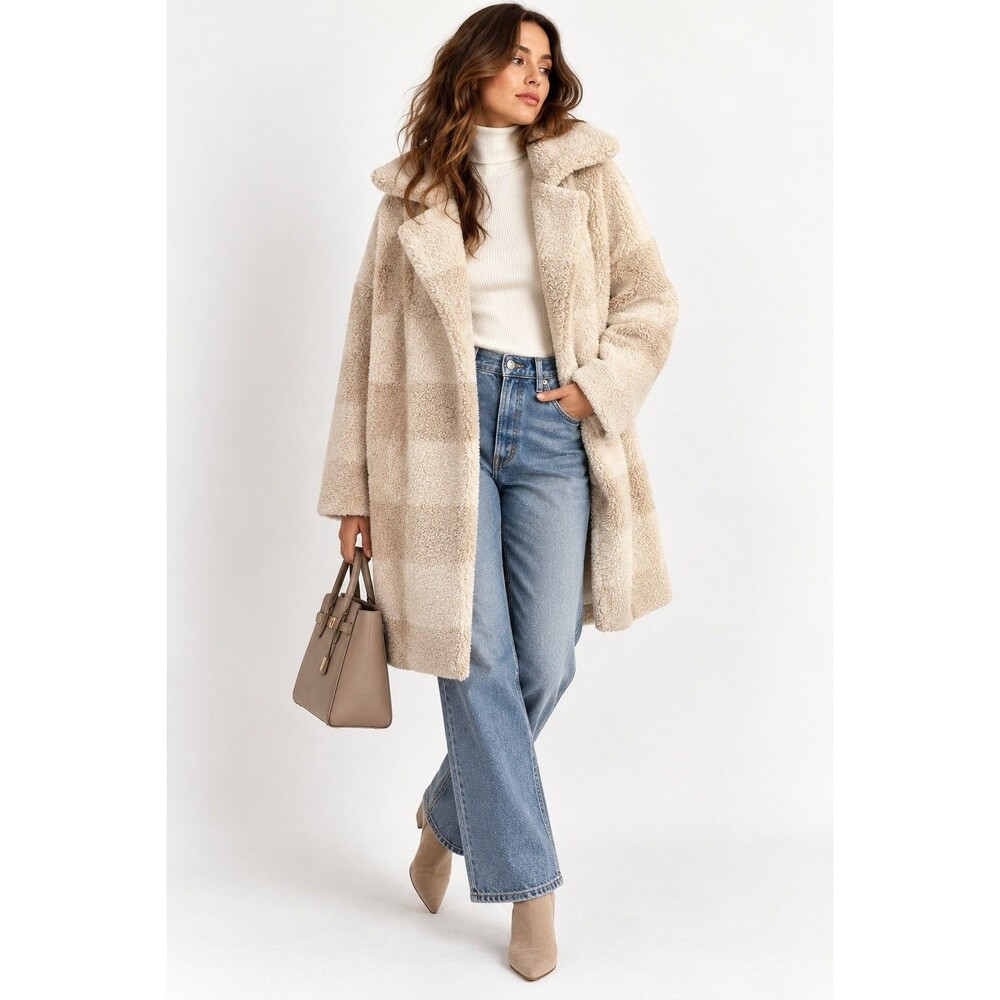 H Halston Cream Teddy Sherpa Oversized Open Front Coat Jacket Size M
